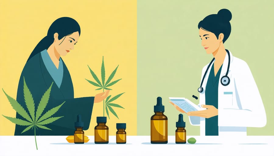 Side-by-side comparison of Eastern and Western medical practitioners working with CBD