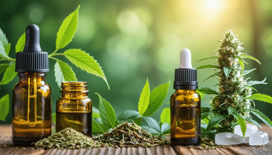 Traditional sacred herbs and modern CBD tinctures arranged with ceremonial items