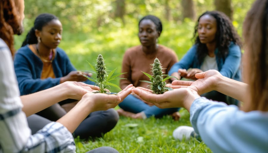 Multicultural group of people sitting in a circle discussing CBD healing practices