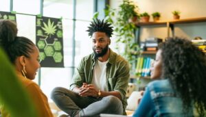 Diverse adults sit around a table in a community center as a facilitator leads a cannabis education workshop; color-coded pamphlets without readable text on the table and a blurred poster with an unlabeled cannabis leaf and molecule icons in the background, lit by soft natural daylight.