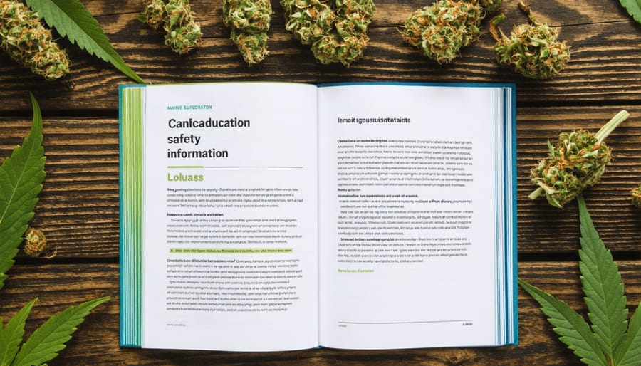 Diverse hands selecting from multilingual cannabis education materials on table