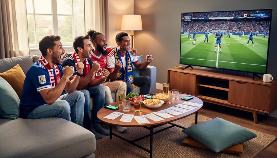 Multigenerational family gathered together watching sports and celebrating in living room