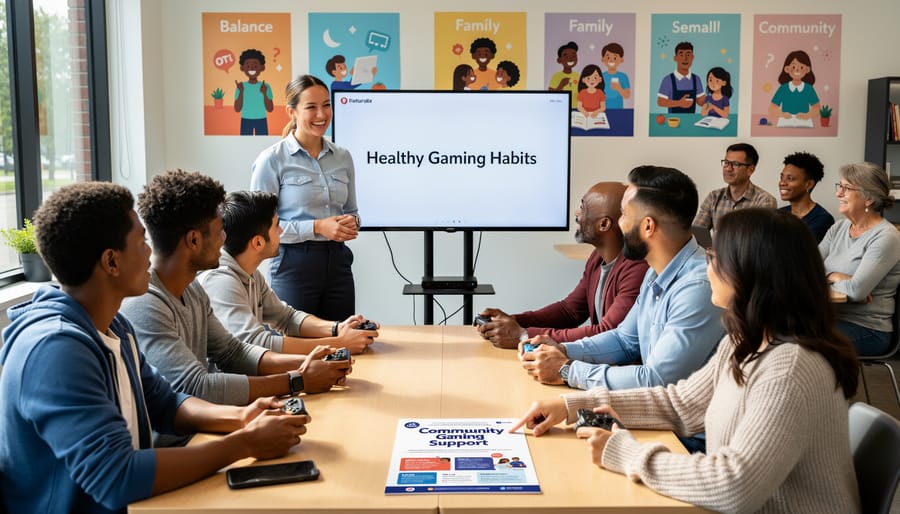 Diverse community members in supportive group discussion circle at wellness meeting