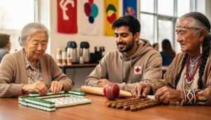 Eye-level photo of a community table with a Chinese-Canadian grandmother arranging mahjong tiles, a Pakistani-Canadian young adult with a cricket ball and bat, and an Indigenous elder holding carved game sticks, set in warm daylight with a softly blurred community background.