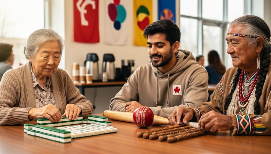 Eye-level photo of a community table with a Chinese-Canadian grandmother arranging mahjong tiles, a Pakistani-Canadian young adult with a cricket ball and bat, and an Indigenous elder holding carved game sticks, set in warm daylight with a softly blurred community background.