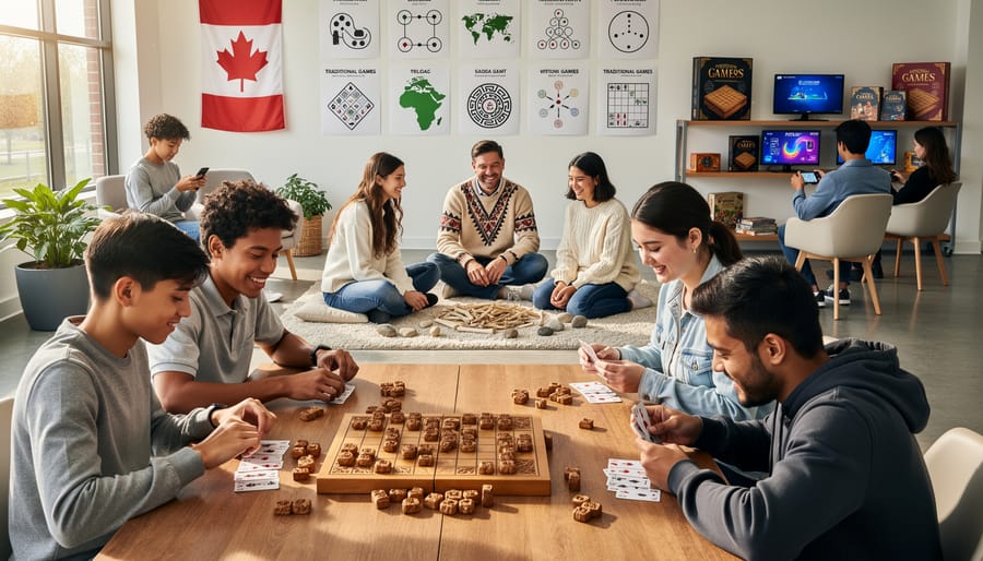 Overhead view of diverse hands playing traditional games including mahjong tiles and cards on wooden table