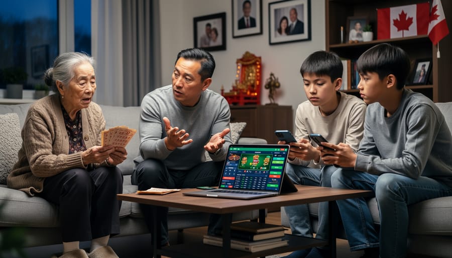 Multi-generational Asian Canadian family having conversation together on sofa