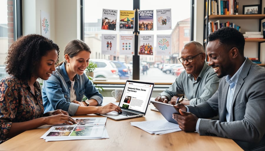 Diverse hands holding open community publication with multicultural content