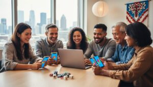 Diverse Canadian adults seated around a community-center table using a laptop and smartphones, with a few poker chips and dice on the table, soft daylight streaming in, and blurred cultural decor and city skyline in the background.