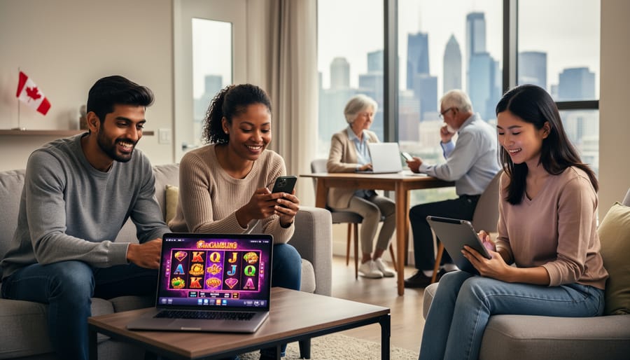 Diverse hands holding smartphones and tablets arranged in circle on wooden table