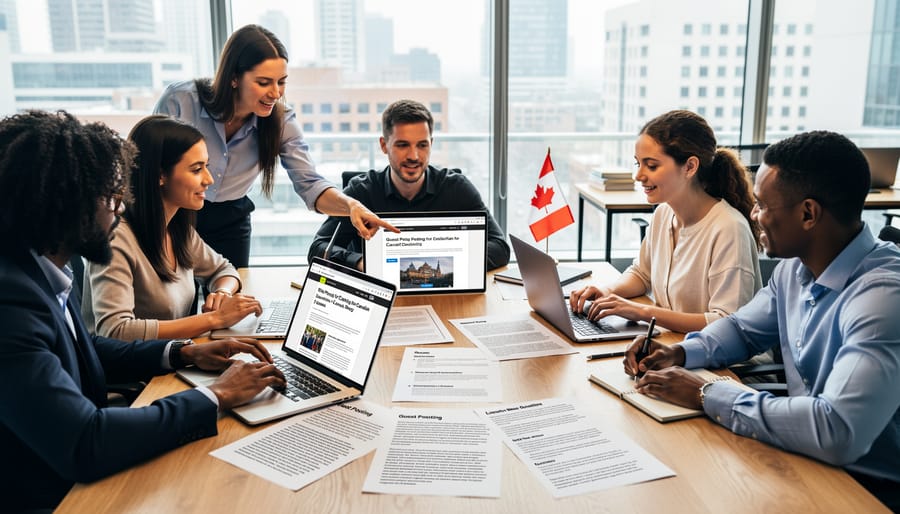 Diverse group of people collaborating on laptop computer in modern office setting
