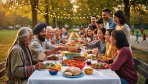 Diverse Canadians, including an Indigenous elder with a hand drum and a Sikh man in a turban, share dishes at a long outdoor table in a park during golden hour, with string lights and families softly blurred in the background.