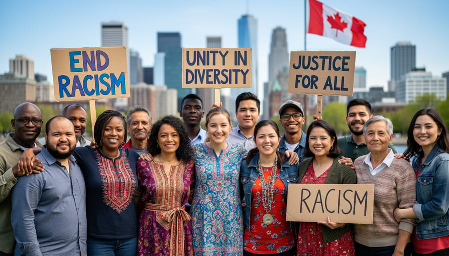 Diverse group of Canadians holding hands in circle at community gathering