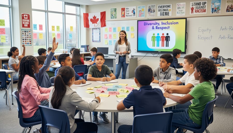 Diverse group of elementary students participating in classroom discussion about inclusion