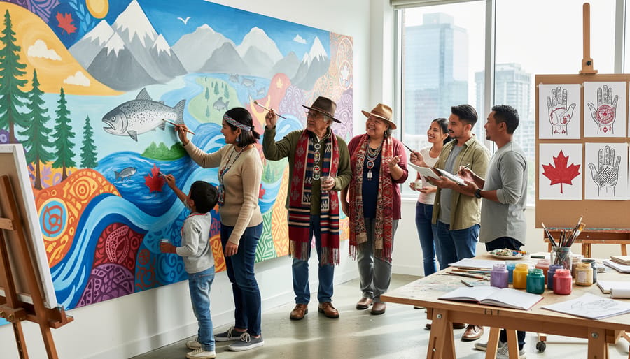 Indigenous and newcomer artists working together on a colorful community mural