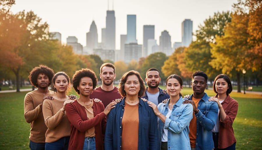Diverse adults and teens stand in a supportive semicircle in a Canadian city park at golden hour, gently resting hands on each other’s shoulders, with a softly blurred skyline and maple trees behind them.