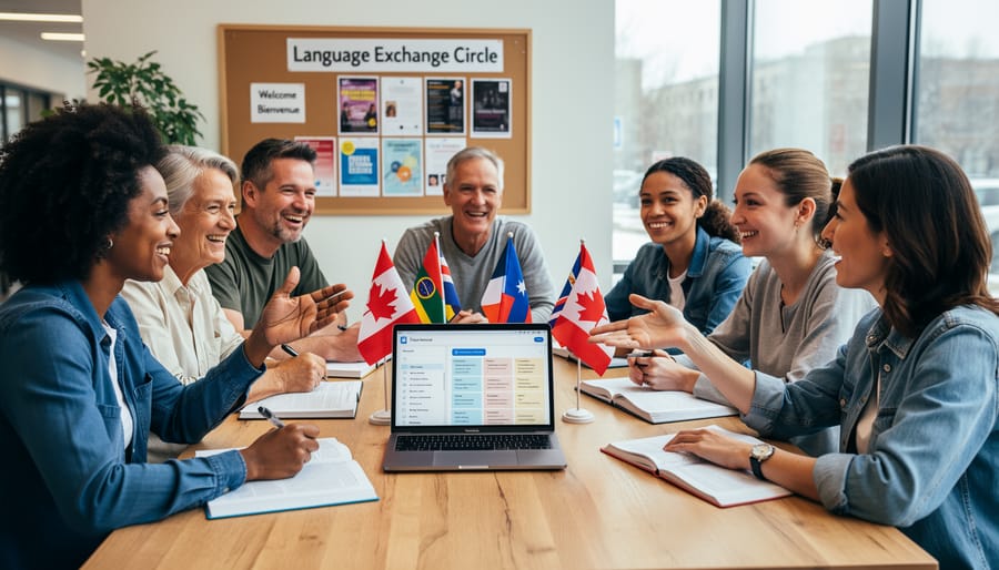 Diverse group of people participating in a language exchange circle at a community library