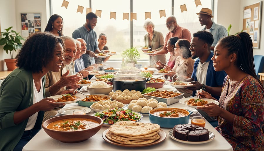 Diverse hands arranging multiple cultural dishes on a communal table during a potluck event