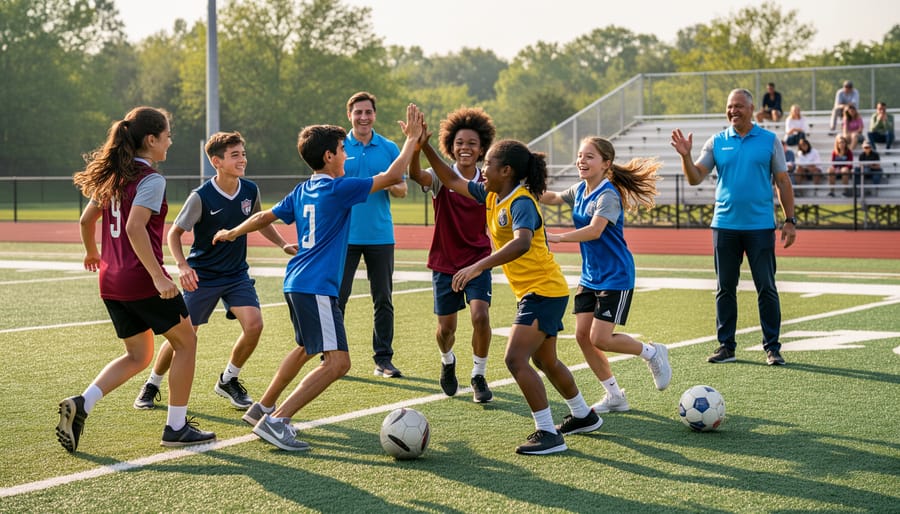 Diverse youth soccer team with hands stacked together in unity before a game