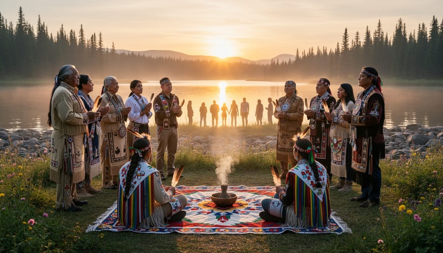 An elder stands near a small ceremonial fire during a sunrise ceremony with smoke visible in the air.