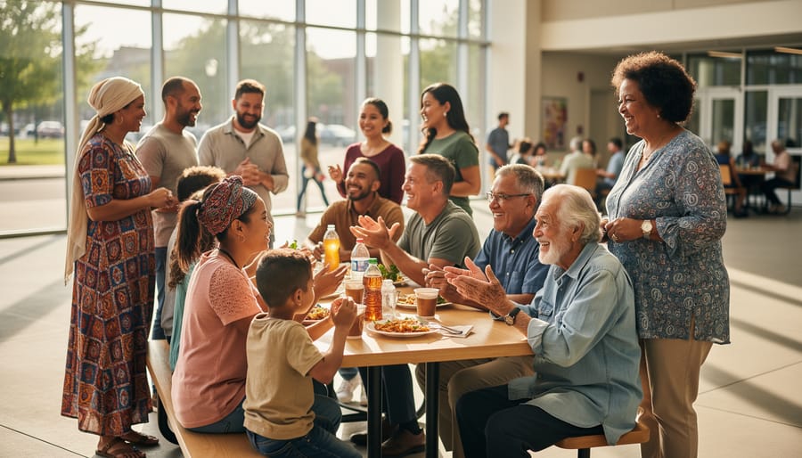 Diverse community members exchanging a welcome booklet at an indoor gathering