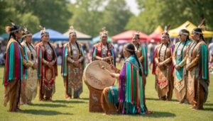 People in Indigenous regalia gathered outdoors in a circle around a traditional drum during Indigenous Peoples Day, with summer greenery in the background.