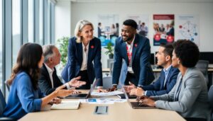 Diverse people in a Canadian workplace collaborate around a table, using attentive body language to communicate across cultural differences.