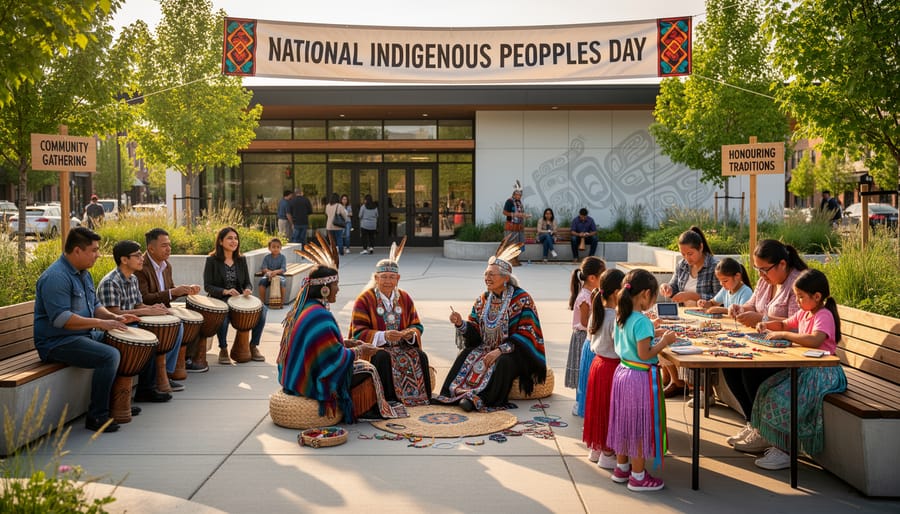 Outdoor view of a community or school building with decorative fabric banners in Indigenous-inspired colors.