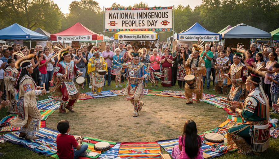 People in regalia gathered outdoors around a drum during a cultural celebration.