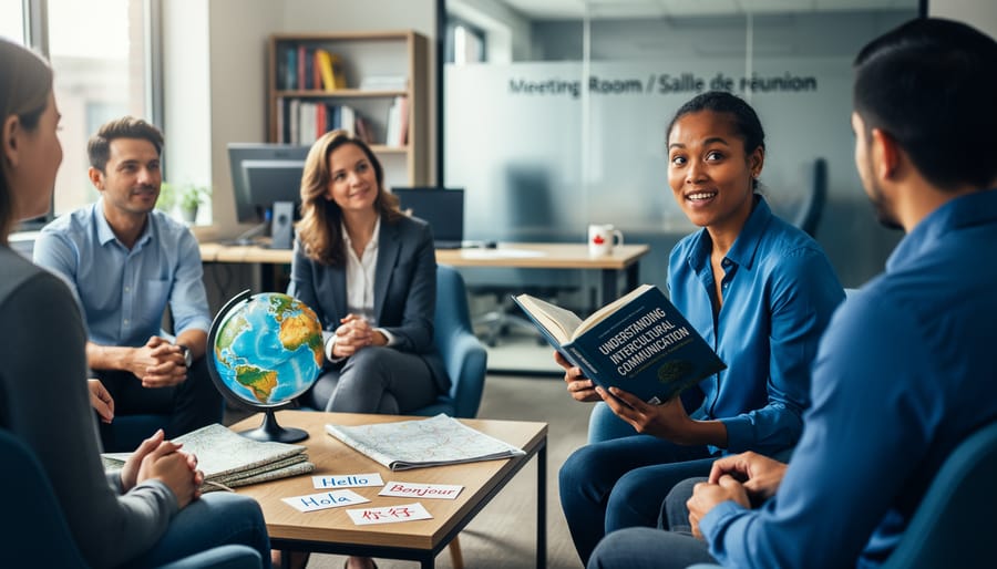 Diverse professionals in a modern meeting room collaborate while one person holds an open intercultural communication textbook and a globe sits nearby, representing cross-cultural dialogue and learning.