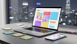 A laptop and smartphone on a desk with abstract chat bubbles and glowing interface tiles, symbolizing active online community discussions.