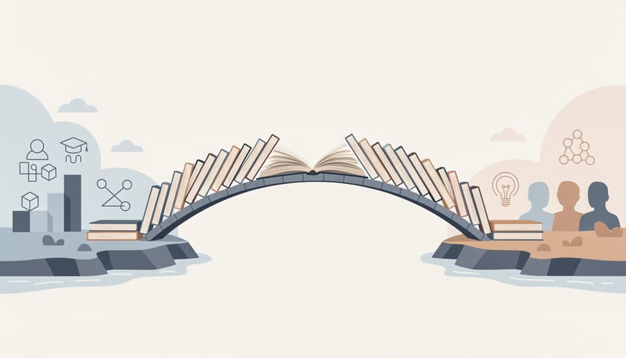 Symbolic bridge made of open books with hands touching from different sides