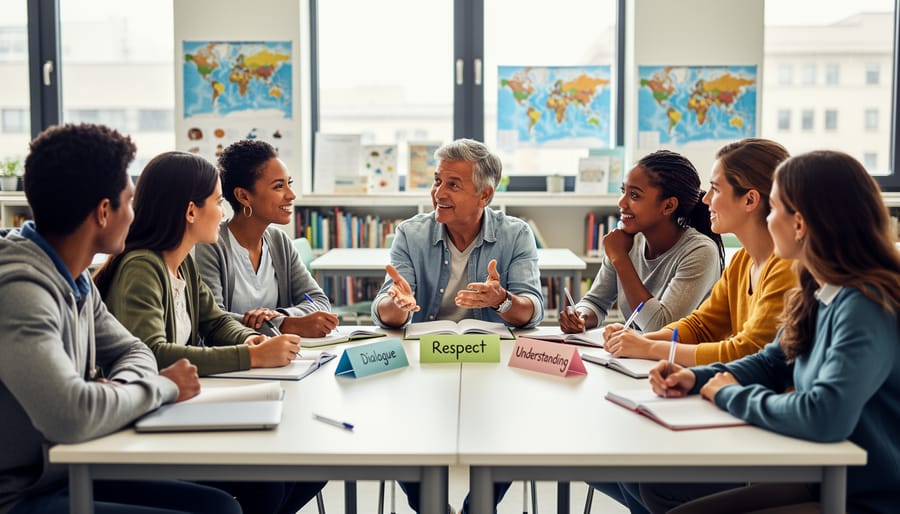 Diverse students in a classroom circle engaged in discussion with a teacher