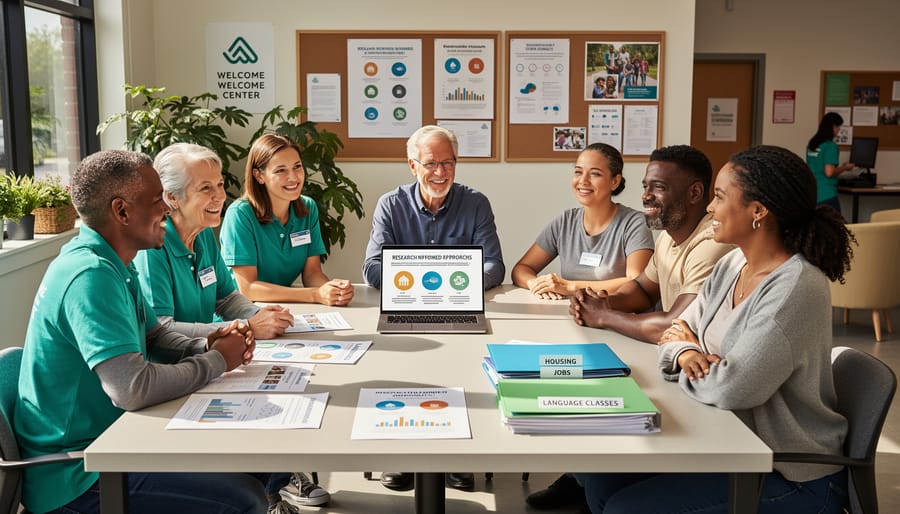 Settlement worker meeting with a newcomer family at a community center with blurred background activity