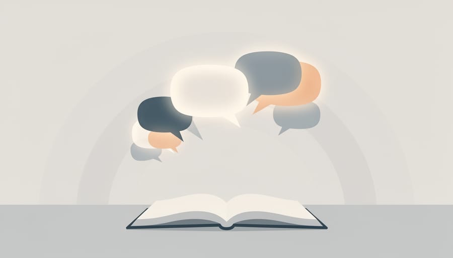 Top-down view of an open dark notebook with glowing speech-like particles floating above it to suggest online discussion activity.