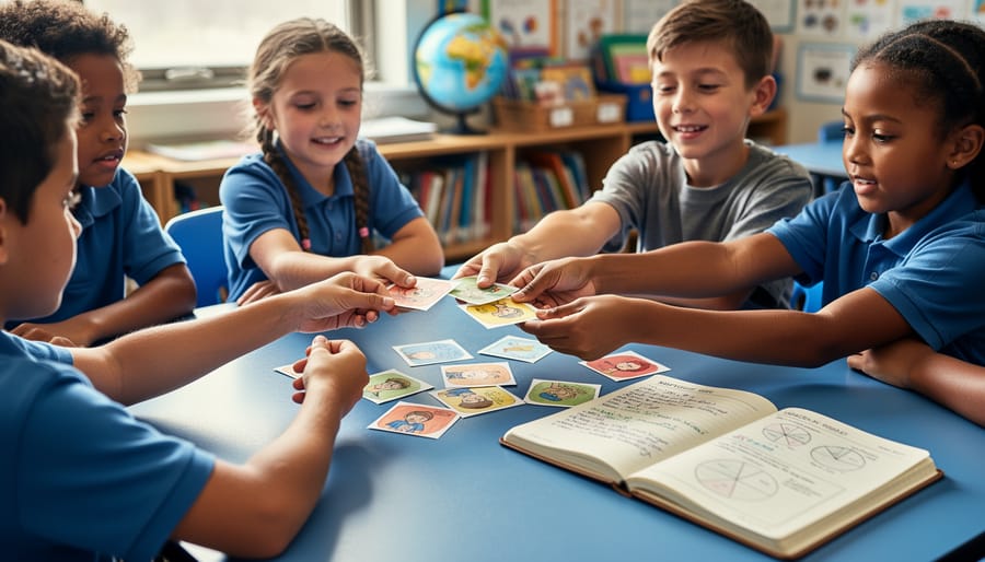 Diverse students collaborating at a classroom table with an open journal and learning materials, representing intercultural education research bridging to practice.