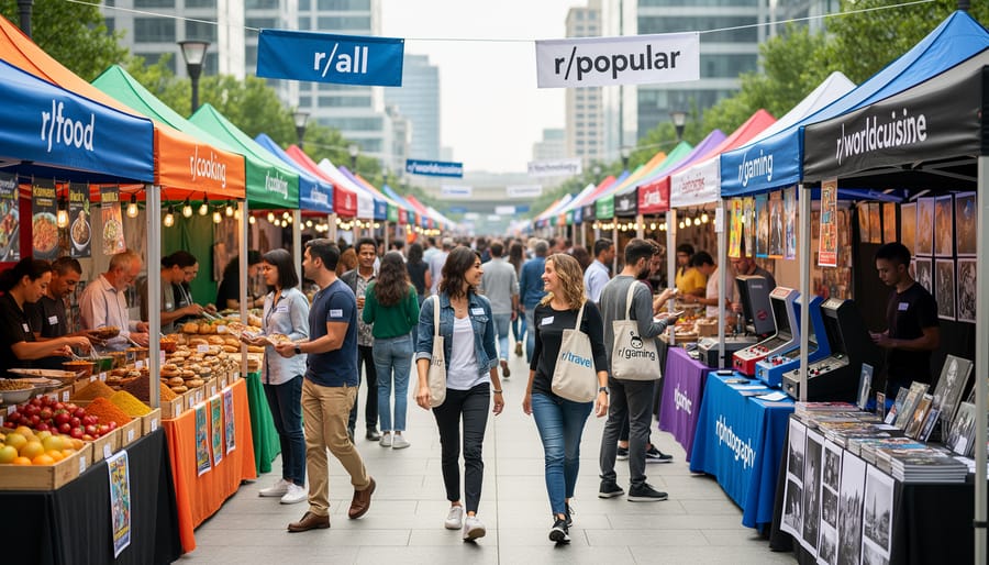 Wide street-level view of a multicultural market plaza with diverse people talking in the evening light.