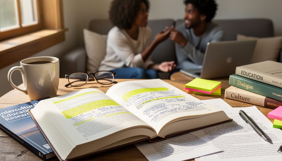 Open journal book on a wooden table with notes nearby and blurred readers in the background