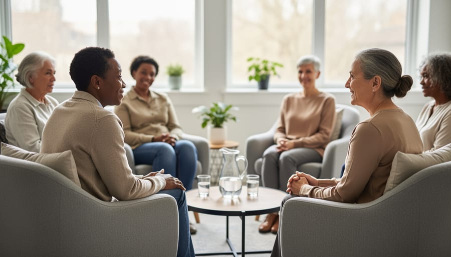 Therapist and patient seated together in a calm consultation room with supportive body language