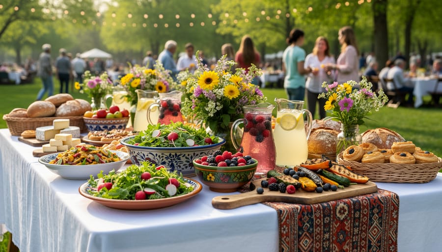 Colorful community festival food table with decorative textiles and blurred attendees in the background.