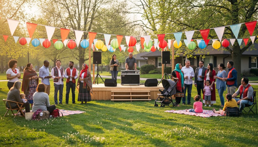 Families and community volunteers at an outdoor spring festival in Canada decorated with colorful lanterns and bunting, celebrating Asian Heritage Month in May.