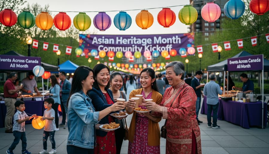 Asian Canadian community members holding a banner and paper lanterns during an outdoor kickoff celebration in May.