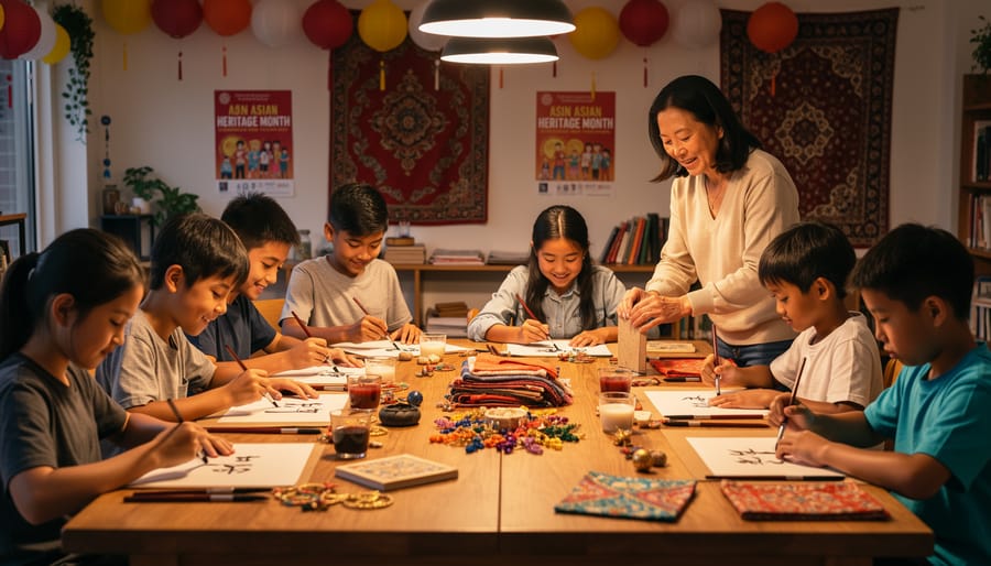 Person helping a child paint a traditional craft during an Asian Heritage Month workshop.